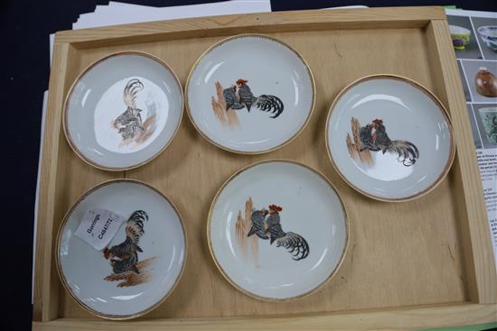 A set of six Chinese rouge de fer chicken tea bowls and five saucers, 18th / 19th century, saucers 11.5cm, minor damage